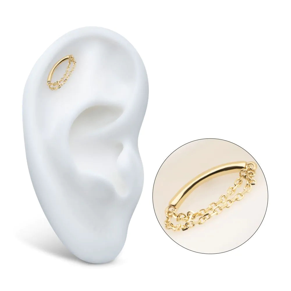 14Kt Yellow Gold Threadless Curve Bar Top with 2 Tier Dangle Chain