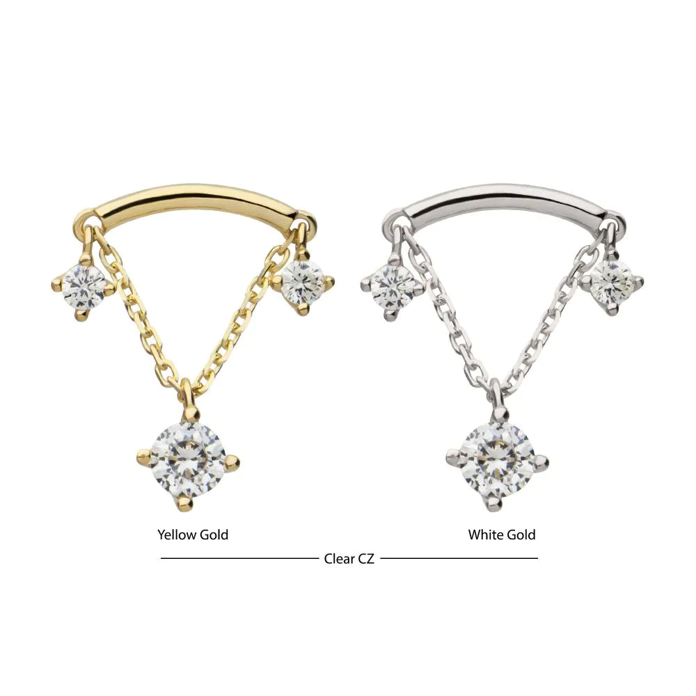 14Kt Gold Threadless Curve Bar Top with Prong Set Gem & Chain Dangle