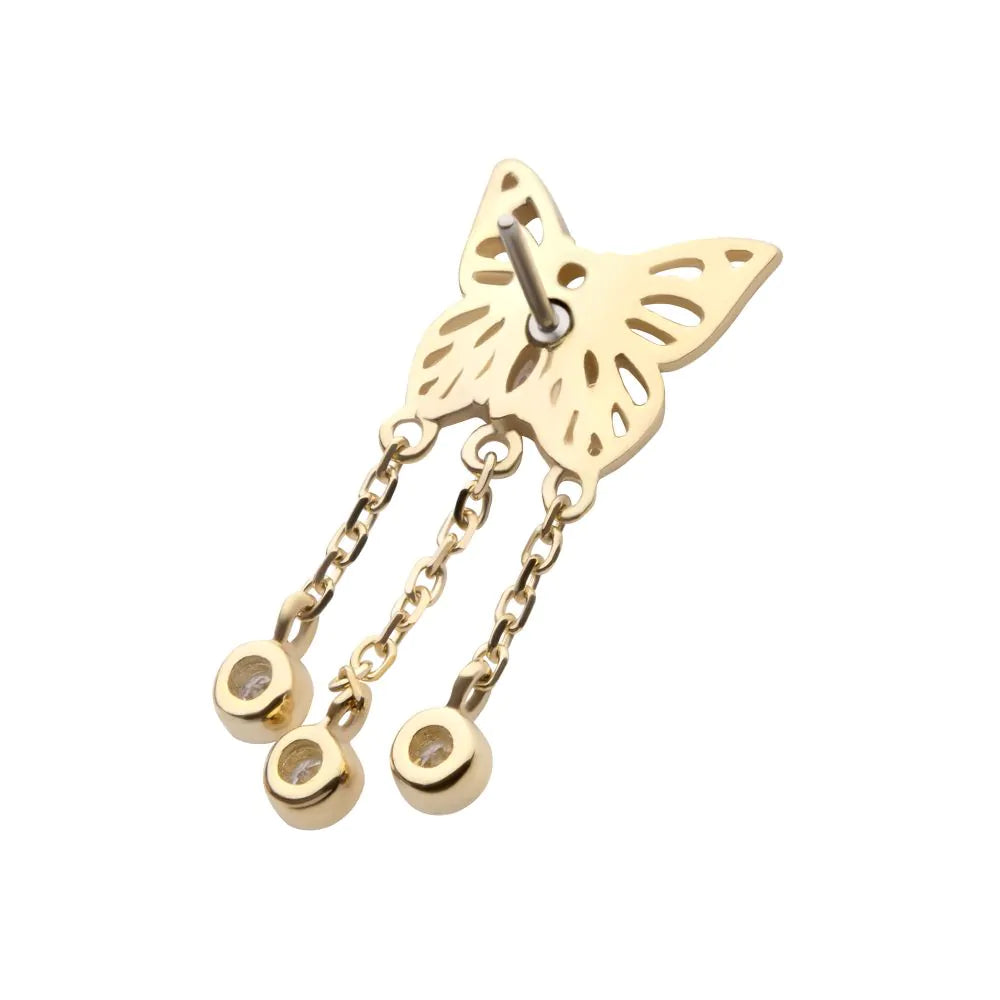 14Kt Yellow Gold Threadless Prong Set Gem Butterfly Top with Triple Dangle Bezel Gem