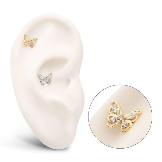 14Kt Gold Threadless 3D Butterfly Round & Marquise Gem Top