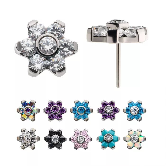 Titanium Threadless with Prong Set 7 CZ Flower Top