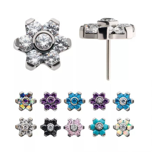 Titanium Threadless with Prong Set 7 CZ Flower Top