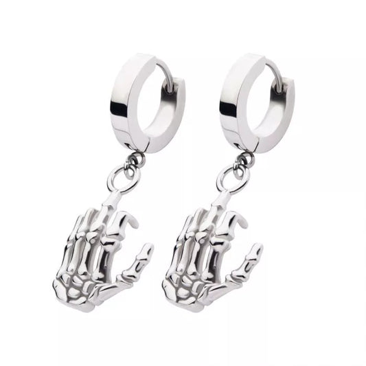 Silver Skeleton Hand Dangle Huggie Hoop Earring