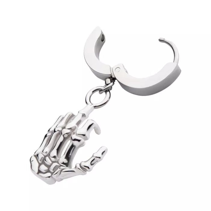 Silver Skeleton Hand Dangle Huggie Hoop Earring
