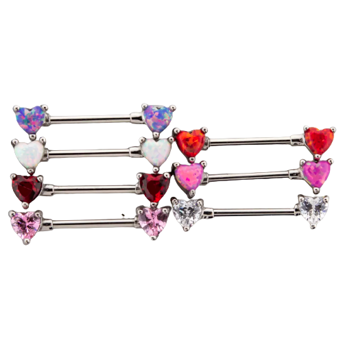 Front Facing Opal & Gem Heart Nipple Bars