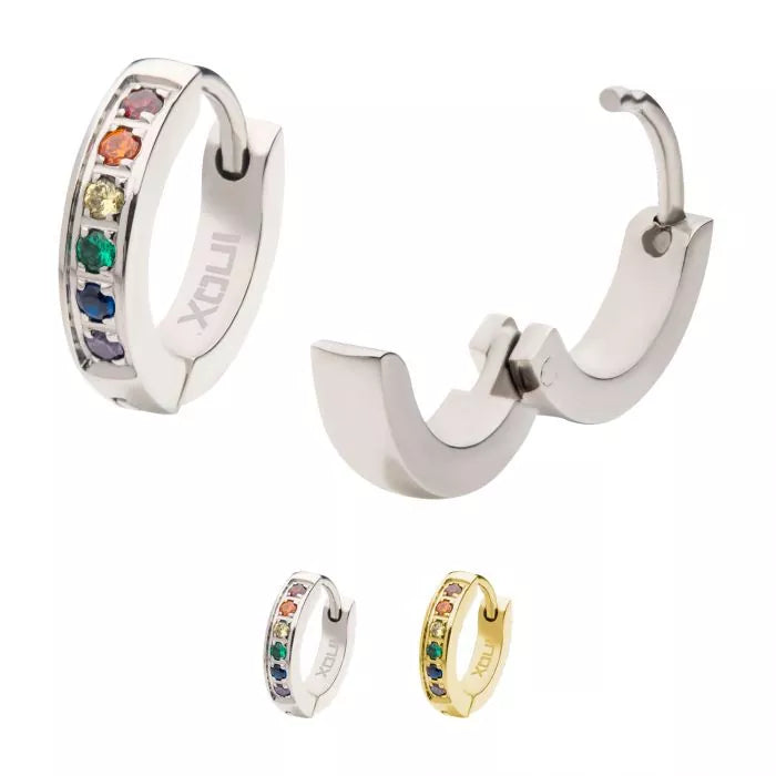 Prong Set Rainbow Round CZ Huggie Earrings