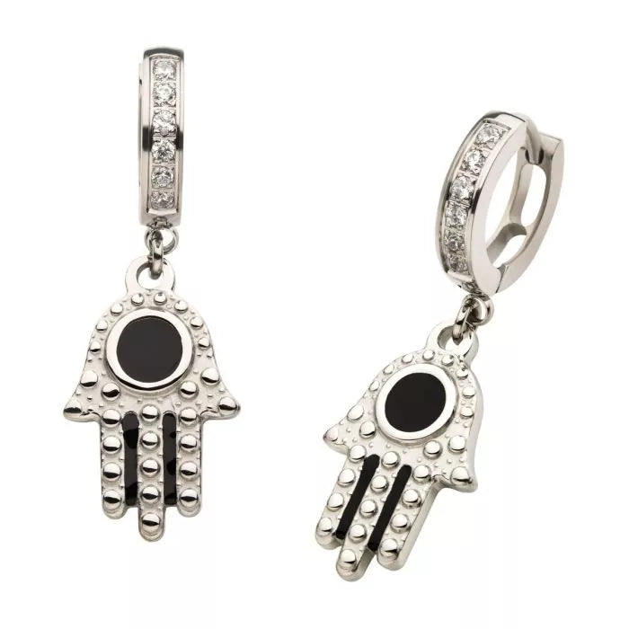 Silver Hamsa With Black Enamel Eye Dangle Huggie Hoop Earring