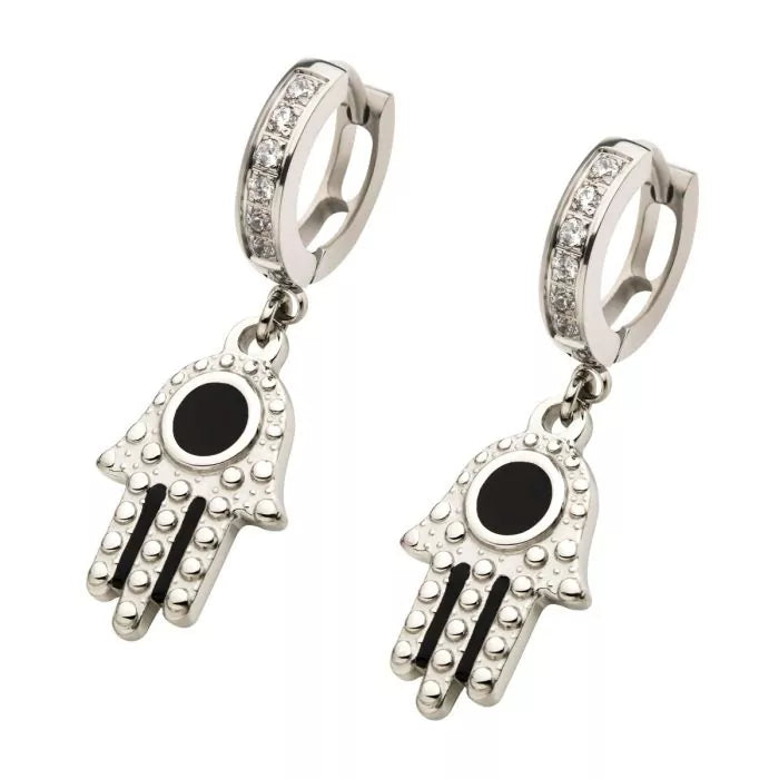 Silver Hamsa With Black Enamel Eye Dangle Huggie Hoop Earring