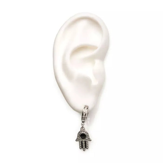 Silver Hamsa With Black Enamel Eye Dangle Huggie Hoop Earring