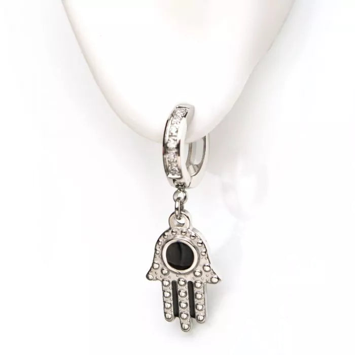 Silver Hamsa With Black Enamel Eye Dangle Huggie Hoop Earring