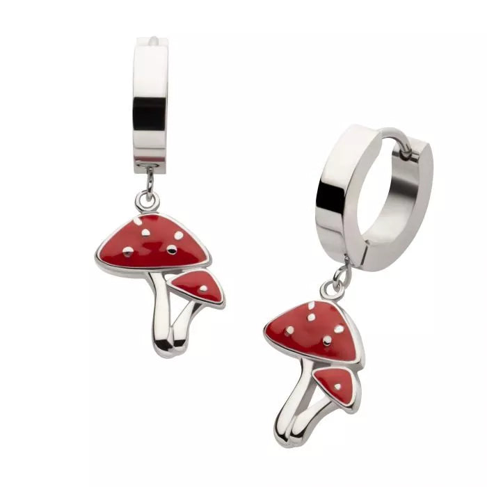 Red Mushroom Dangle Huggie Hoop Earring