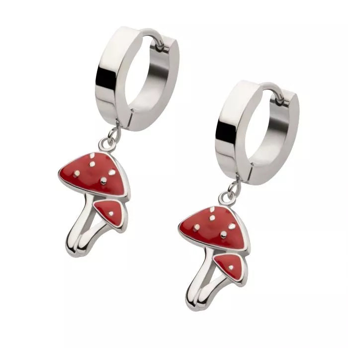 Red Mushroom Dangle Huggie Hoop Earring
