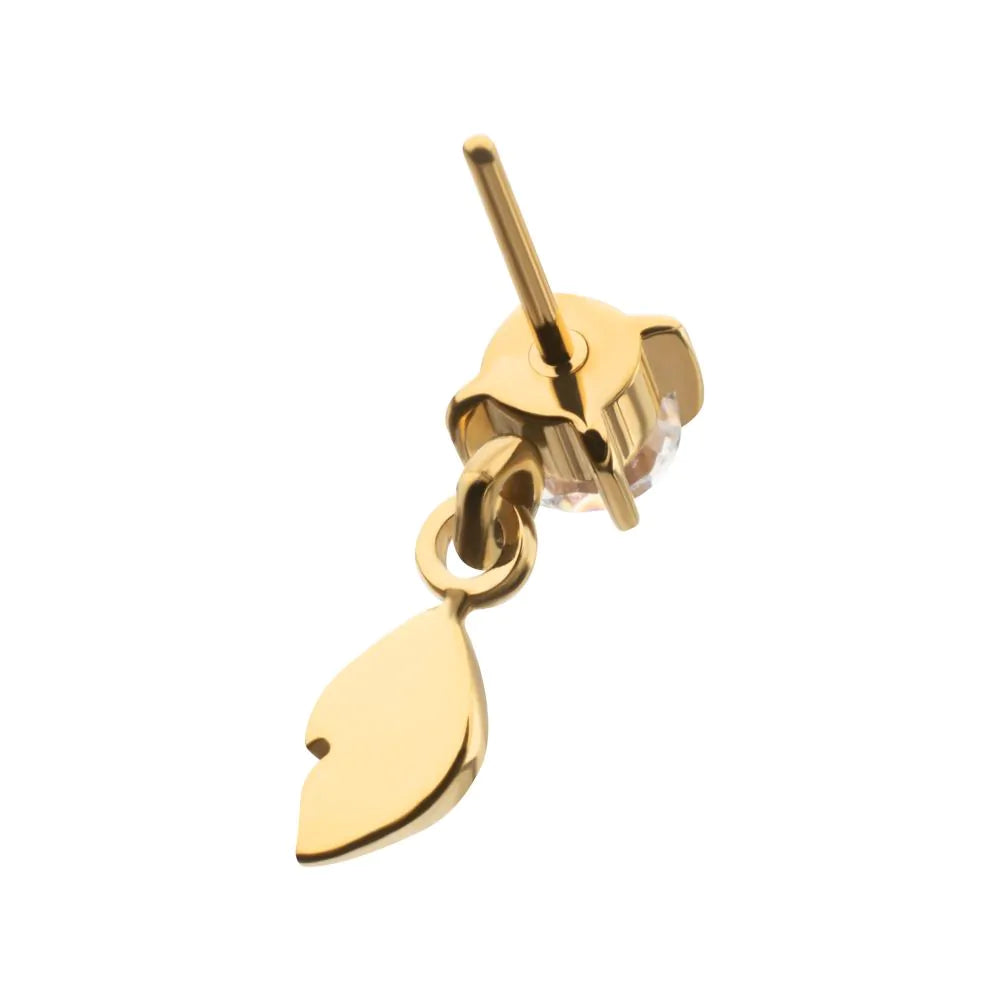 24kt Gold PVD Titanium Threadless 4-Prong Set Gem Top with Leaf Dangle