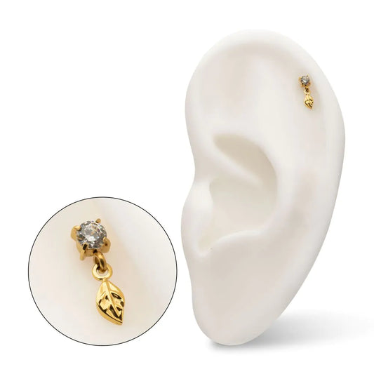 24kt Gold PVD Titanium Threadless 4-Prong Set Gem Top with Leaf Dangle