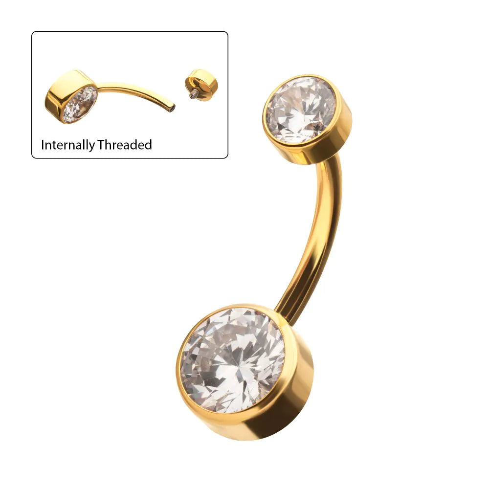 24Kt Gold PVD Titanium Internally Threaded Double Bezel Round with Smooth Rounded Back & Fixed Bottom Navel (Larger Gems)