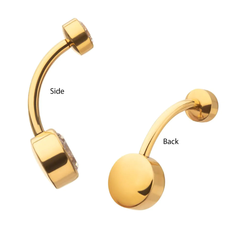 24Kt Gold PVD Titanium Internally Threaded Double Bezel Round with Smooth Rounded Back & Fixed Bottom Navel (Larger Gems)