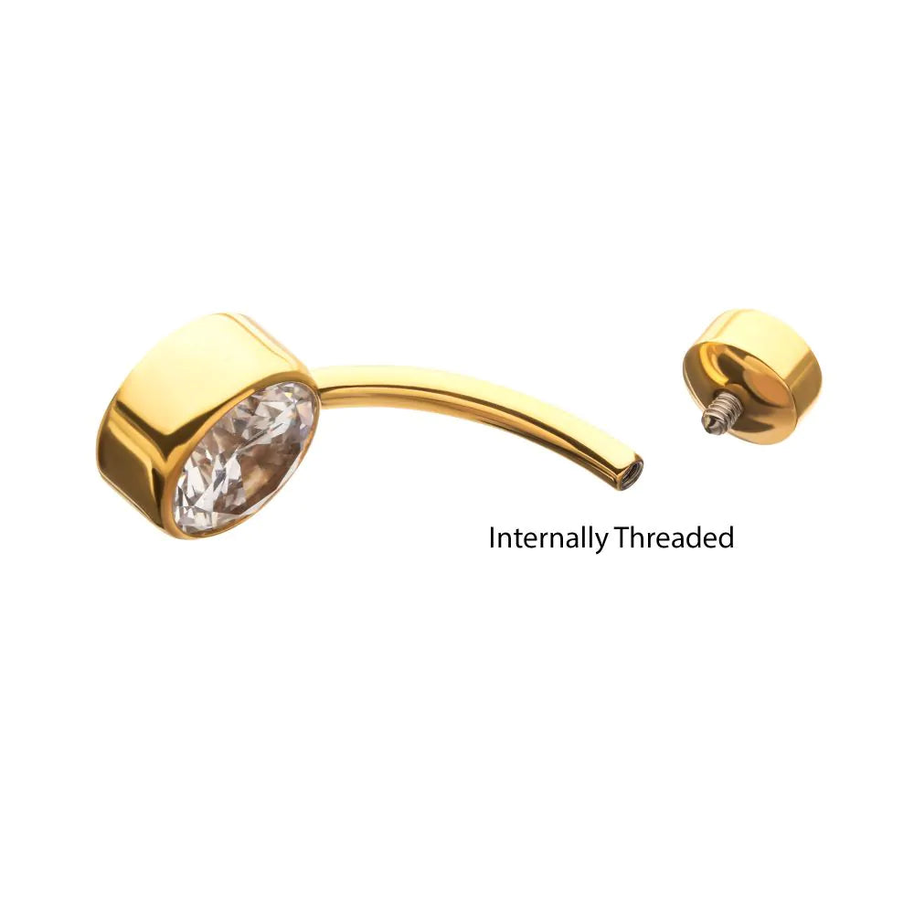 24Kt Gold PVD Titanium Internally Threaded Double Bezel Round with Smooth Rounded Back & Fixed Bottom Navel (Larger Gems)