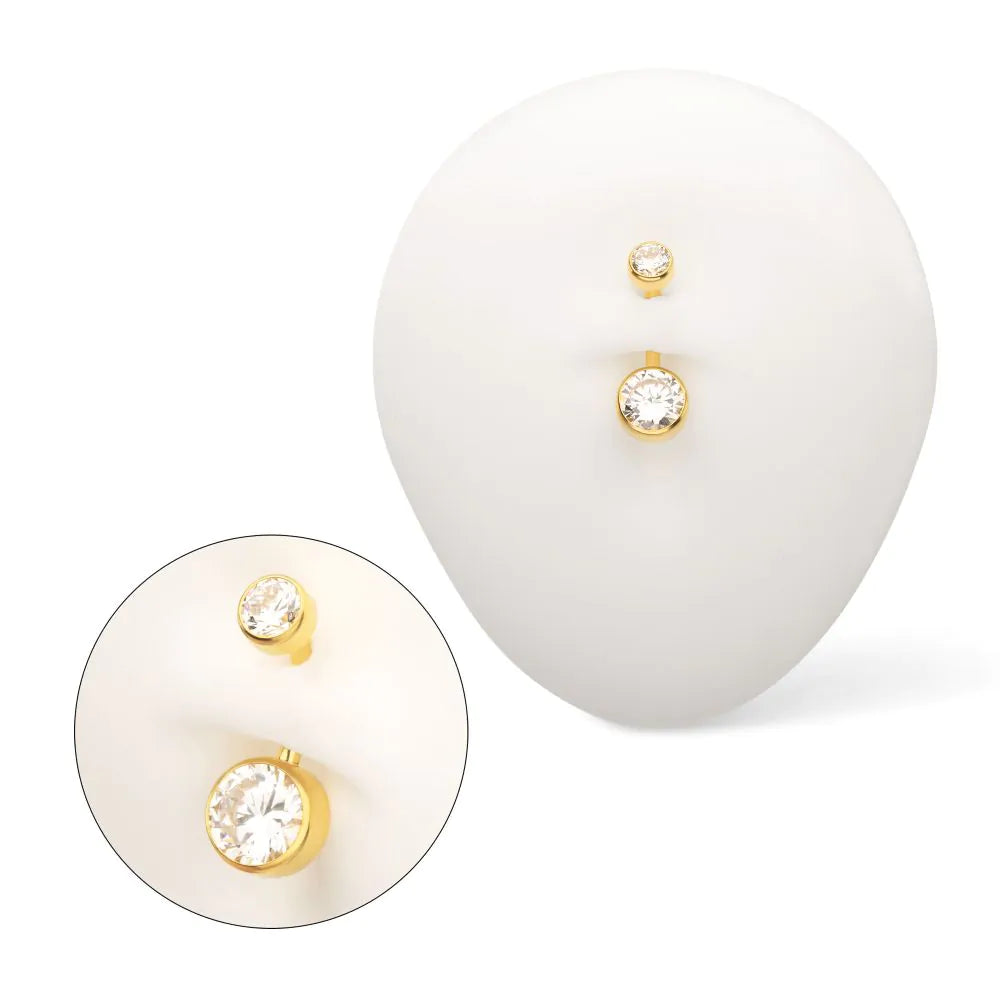 24Kt Gold PVD Titanium Internally Threaded Double Bezel Round with Smooth Rounded Back & Fixed Bottom Navel (Larger Gems)