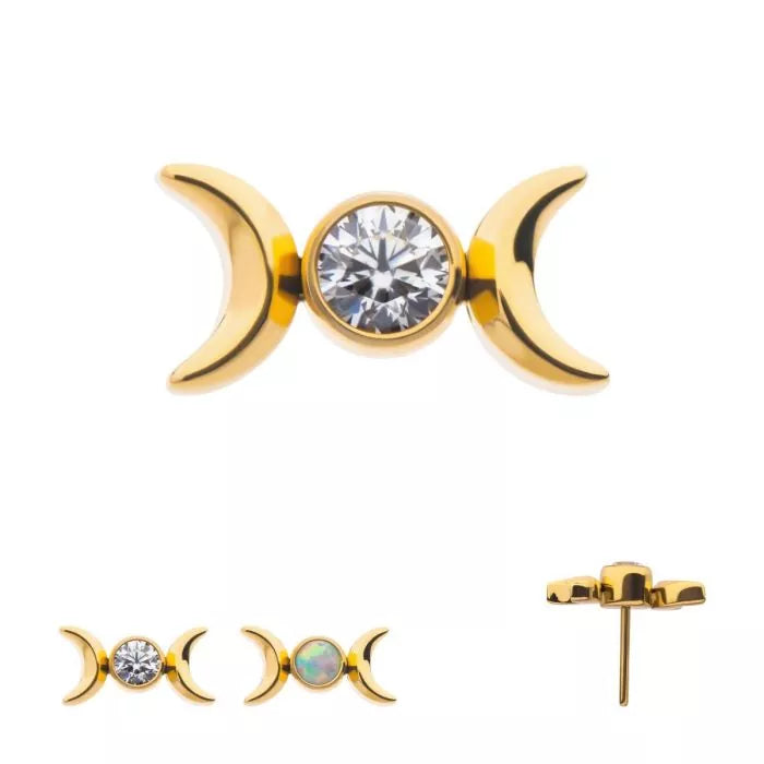 24Kt Gold PVD Titanium Threadless Triple Moon Phase with CZ/Opal Top