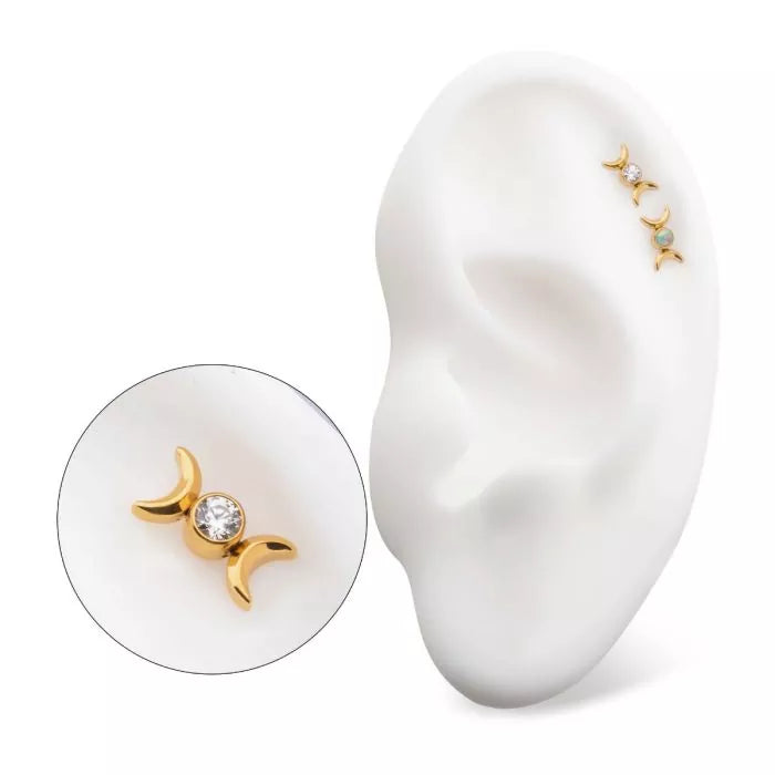 24Kt Gold PVD Titanium Threadless Triple Moon Phase with CZ/Opal Top