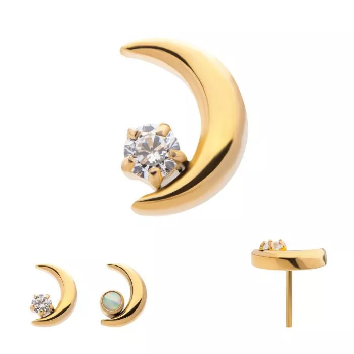 24Kt Gold PVD Titanium Threadless Crescent Moon with CZ/Opal Top