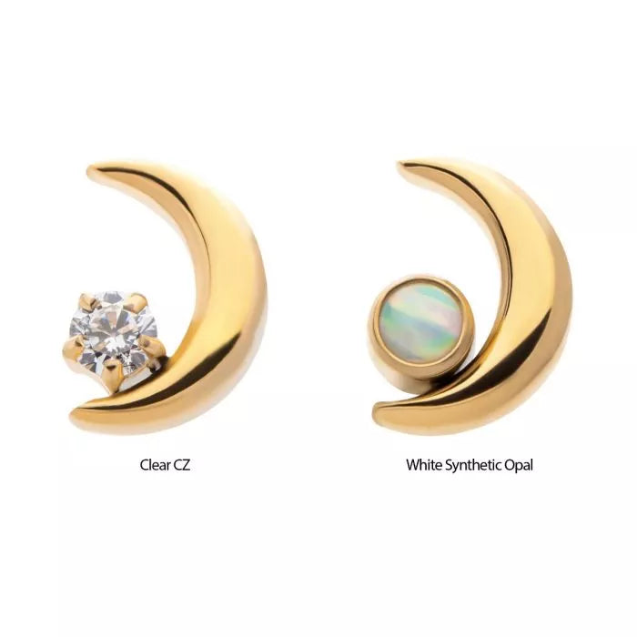 24Kt Gold PVD Titanium Threadless Crescent Moon with CZ/Opal Top