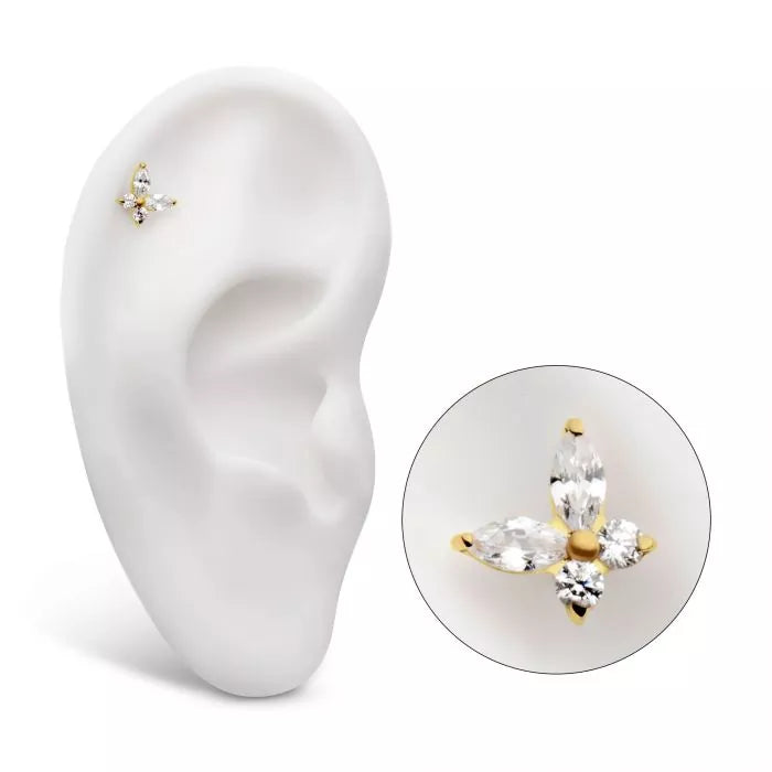 24Kt Gold PVD Titanium Threadless Prong Set Marquise & Round CZ Butterfly Top