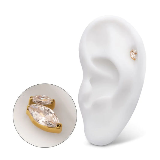 24Kt Gold PVD Titanium Threadless V-Prong Dual Marquise CZ Gem Top