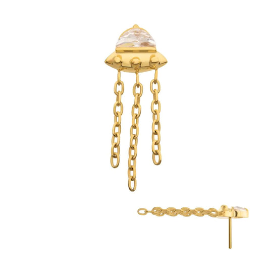 24KT Gold PVD Titanium Threadless 3D UFO Gem Top with Small Triple Chain Dangle