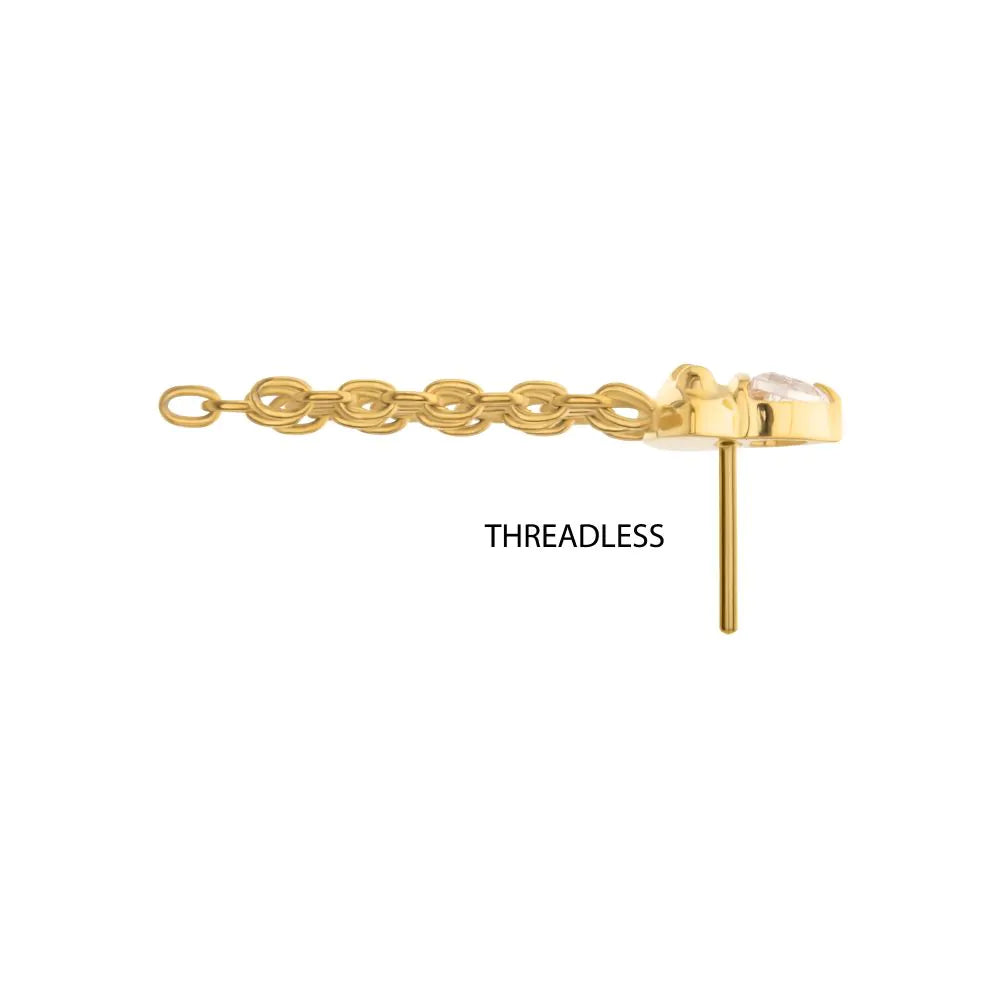 24KT Gold PVD Titanium Threadless 3D UFO Gem Top with Small Triple Chain Dangle
