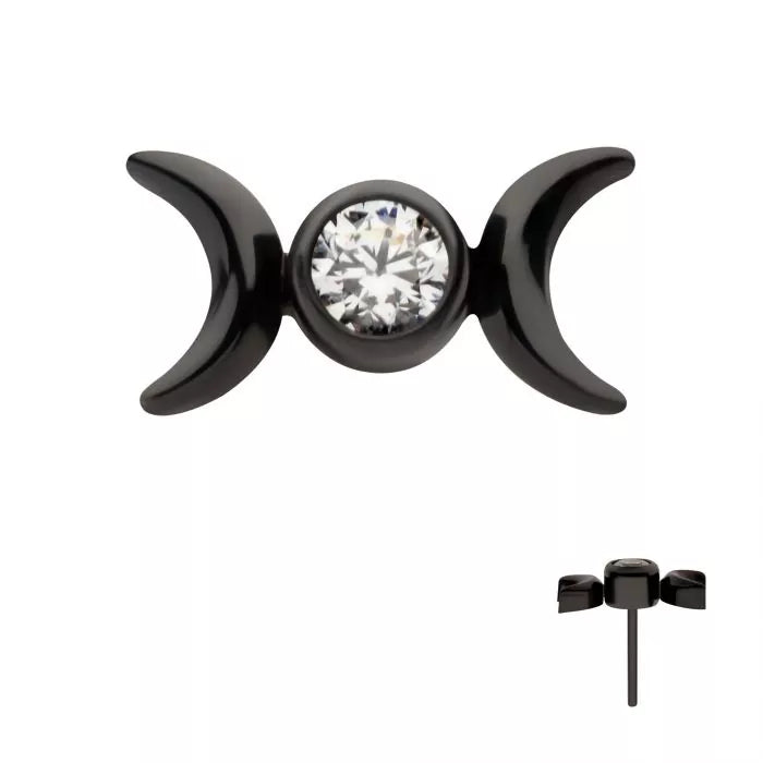 Black PVD Titanium Threadless Bezel Set CZ Triple Moon Phase Top