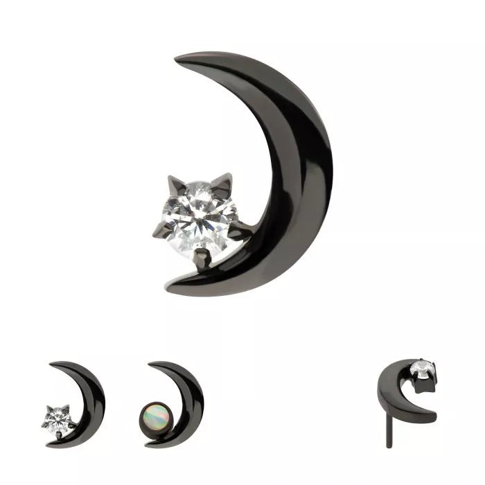 Black PVD Titanium Threadless Crescent Moon with Gem Top