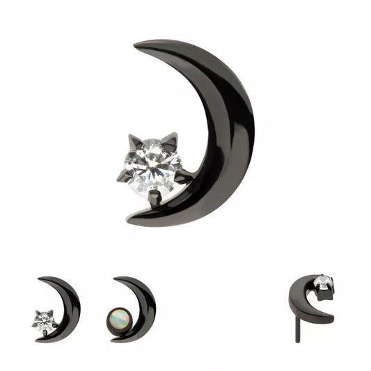 Black PVD Titanium Threadless Crescent Moon with Gem Top