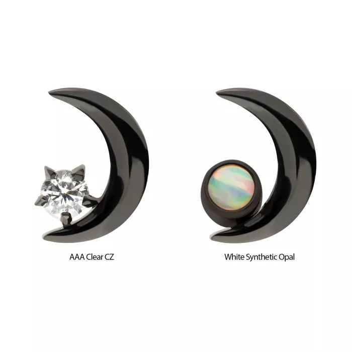 Black PVD Titanium Threadless Crescent Moon with Gem Top