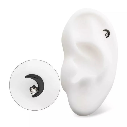 Black PVD Titanium Threadless Crescent Moon with Gem Top