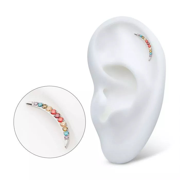 Titanium Threadless Multicolor CZ Curved Bar Top