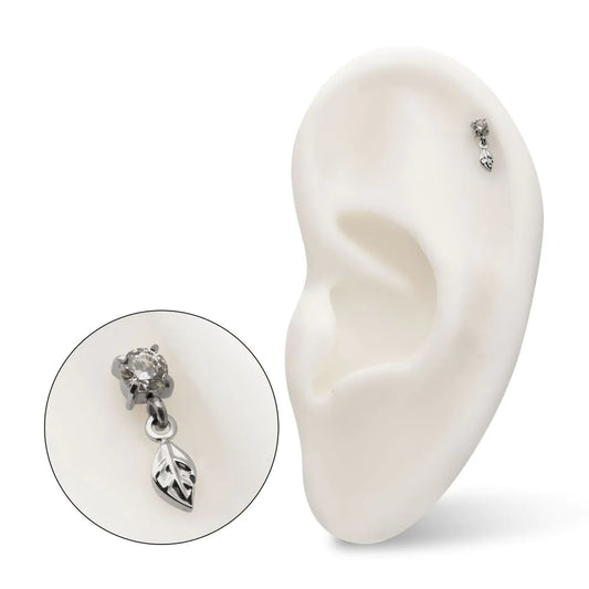 Titanium Threadless 4-Prong Set Gem Top with Leaf Dangle