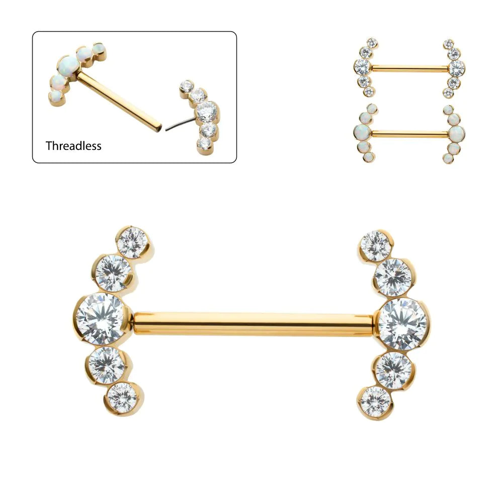 24Kt Gold PVD Titanium Semi-Bezel Set Round Gem/Opal 5-Cluster End Nipple Barbell (One Side Fixed, One Side Threadless ) | Sold by piece