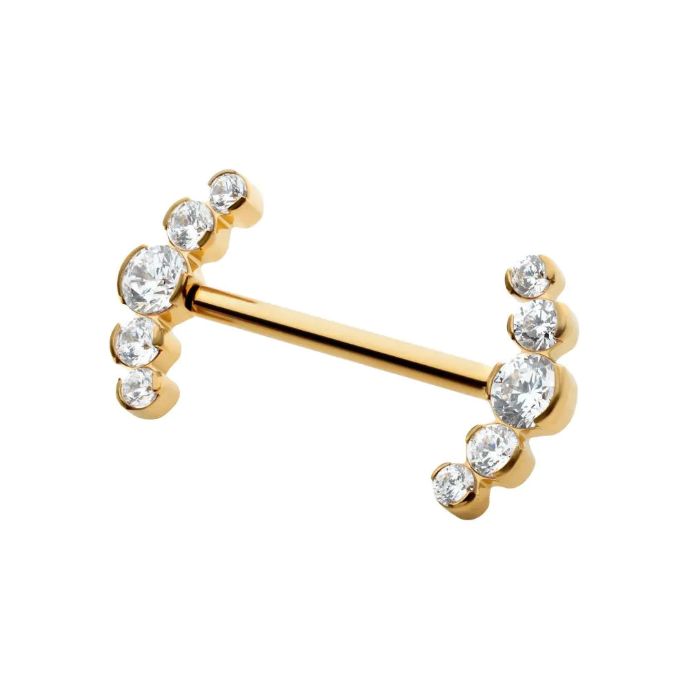 24Kt Gold PVD Titanium Semi-Bezel Set Round Gem/Opal 5-Cluster End Nipple Barbell (One Side Fixed, One Side Threadless ) | Sold by piece