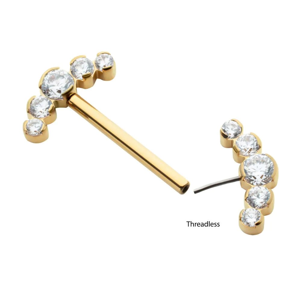 24Kt Gold PVD Titanium Semi-Bezel Set Round Gem/Opal 5-Cluster End Nipple Barbell (One Side Fixed, One Side Threadless ) | Sold by piece