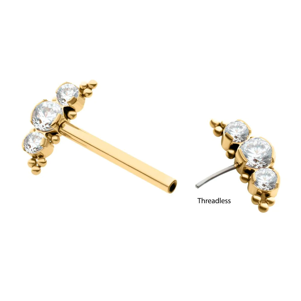 24Kt Gold PVD Titanium Beads and Semi-Bezel Set Round Gem/Opal 3-Cluster Ends Nipple Barbell (One Side Fixed, One Side Threadless ) | Sold by piece