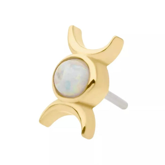 14Kt Yellow Gold Threadless with Bezel Set White Opal Triple Goddess Moon Top