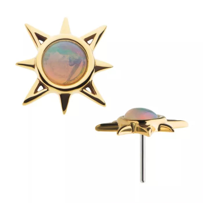 14Kt Yellow Gold Threadless with Round White Synthetic Opal Sunburst Top