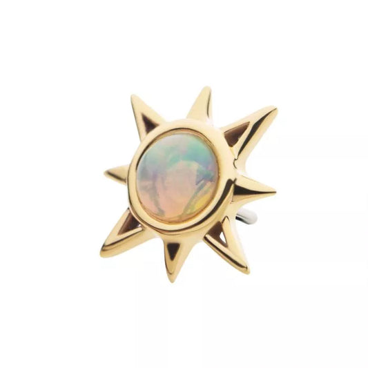 14Kt Yellow Gold Threadless with Round White Synthetic Opal Sunburst Top
