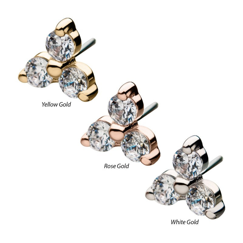 14k Gold Threadless Prong Set 2mm Round Gem Trinity Top