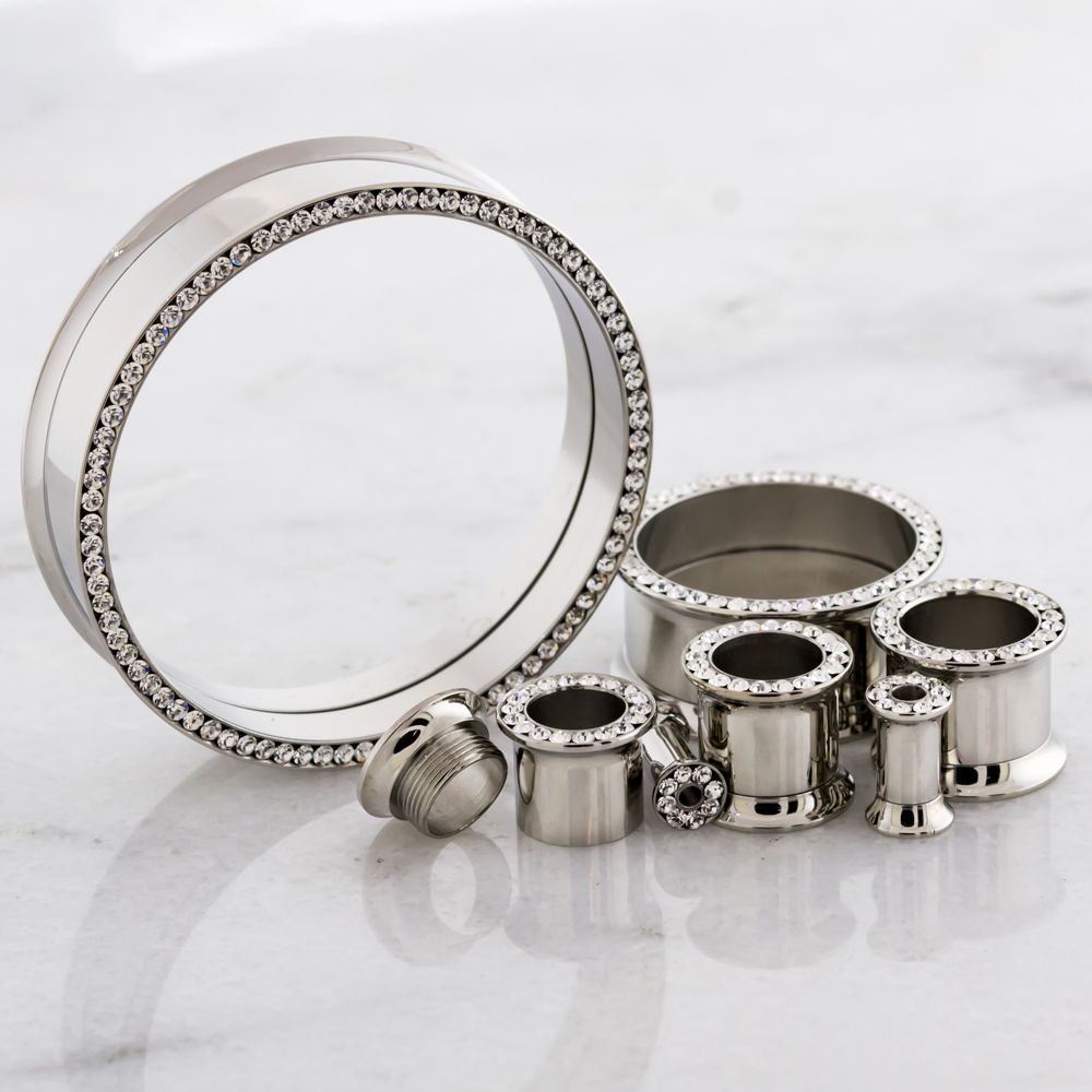 Silver Internally Threaded Tunnels With Clear Gems