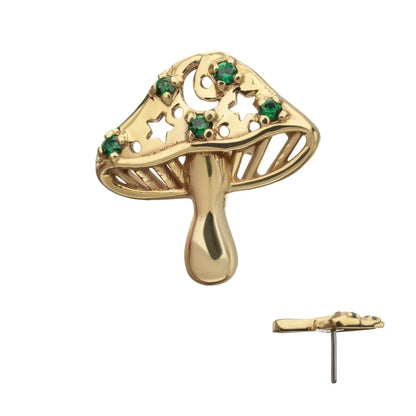 14Kt Yellow Gold Threadless Prong Set Emerald Gem Mystic Mushroom Top