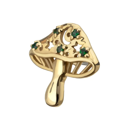 14Kt Yellow Gold Threadless Prong Set Emerald Gem Mystic Mushroom Top