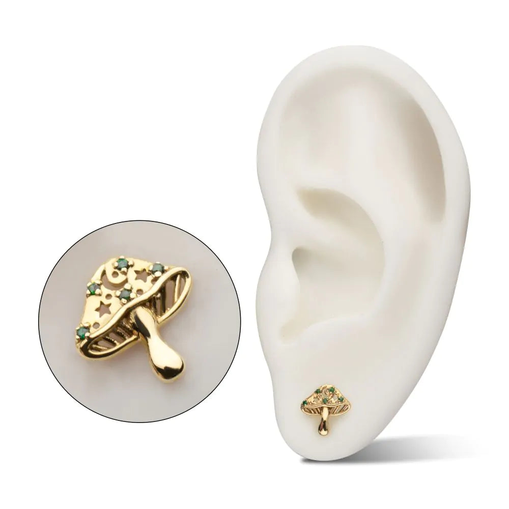 14Kt Yellow Gold Threadless Prong Set Emerald Gem Mystic Mushroom Top