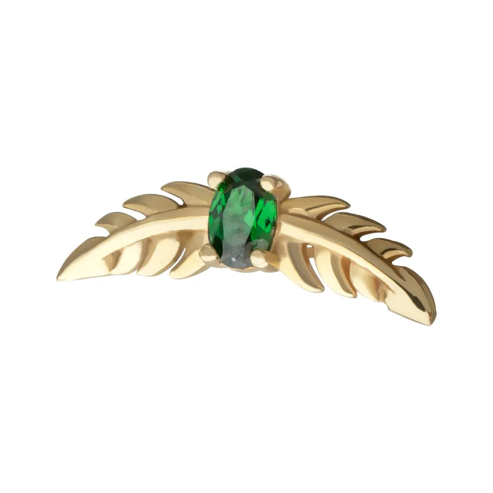 14Kt Yellow Gold Threadless Prong Set Emerald Gem Two Sculpted Leaves Top